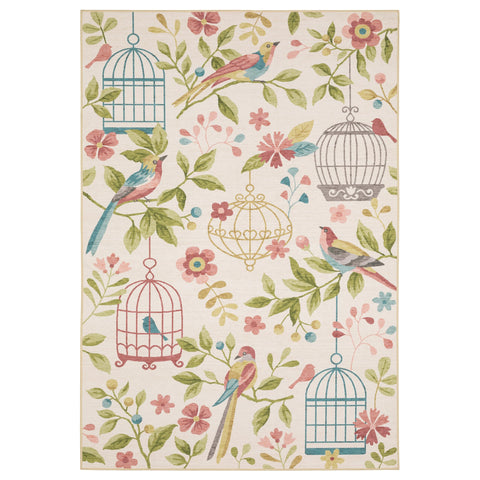 Oriental Weavers Fiji Washable Indoor/Outdoor Rug - FIJ05-5' x 7' - in Beige/Multi - Floral, Birds and Cages Pattern, Non-Slip, Stain Resitant, Ultra Low Pile, Patio, Outdoor Living Area Rug