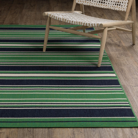 Oriental Weavers Havana Indoor/Outdoor Rug - HAV05-3'3" x 5' - in Green/Navy - Preppy Style, Water, Stain and Fade Resistant, Hose Clean, Patio, Outdoor Living Area Rug