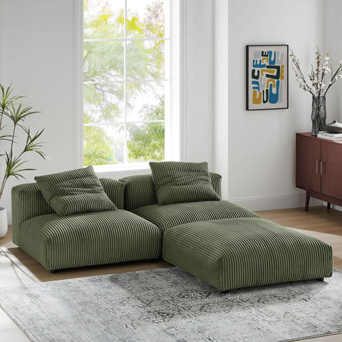 Modway Solace Modular 3-Piece Corduroy Sectional Sofa with Ottoman in Fern - Comfy Corduroy Upholstered Deep Seat Couch - Modern L-Shaped Armless Sectional Sofa Set for Living Room
