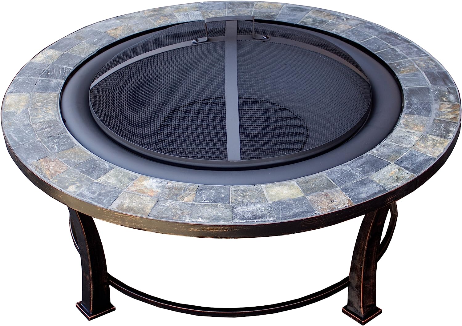 Hiland FT-51216 Burning Fire Pit w/Wood Grate and Domed Mesh Screen Lid, Medium, Stone