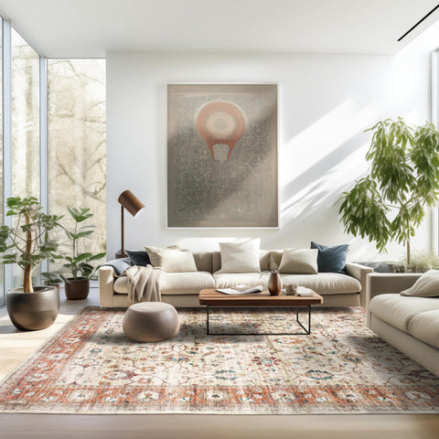 Oriental Weavers Sumter Washable Area Rug - SUM03-7'6" x 10' - in Ivory/Rust - Vintage Inspired, Non-Slip, Stain Resitant, Ultra Low Pile, Dining, Living Room Rug