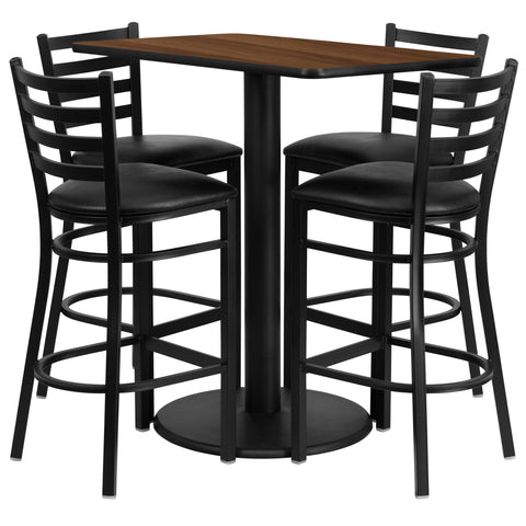 Flash Furniture Jamie 24'' x 42'' Rectangular Walnut Laminate Table Set with 4 Ladder Back Metal Barstools - Black Vinyl Seat