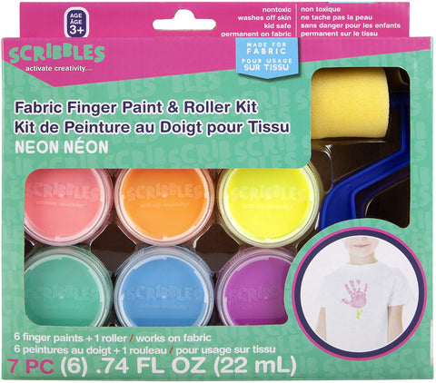 Scribbles Finger Paint & Roller Kit, Kid Safe, Permanent Fabric Paint, Washes Off Skin, 6 Neon Colors
