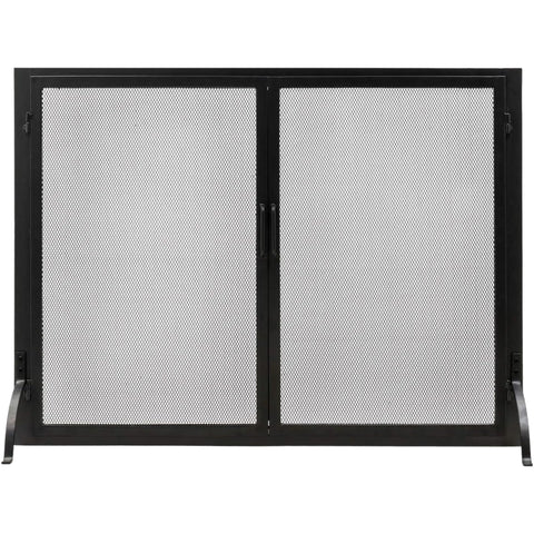 Classic Flat Fireplace Screen with Doors, Large 44 Inch Wrought Iron Spark Guard, Graphite Powder-Coated Finish