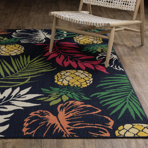 Oriental Weavers Havana Indoor/Outdoor Rug - HAV07-3'3" x 5' - in Navy/Multi - Tropical Style, Water, Stain and Fade Resistant, Hose Clean, Patio, Outdoor Living Area Rug