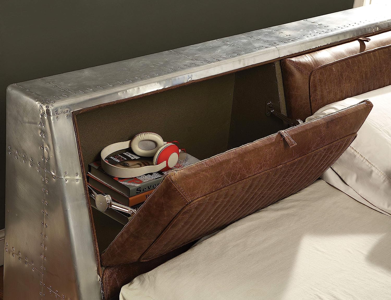 ACME Brancaster Queen Bed w/Storage - - Retro Brown Top Grain Leather & Aluminum