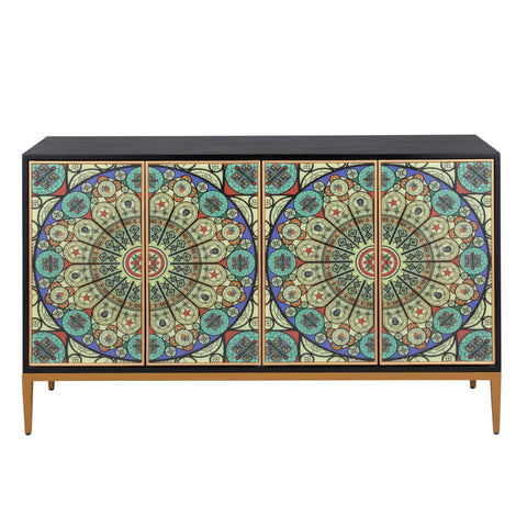 Pasargad Home Solani 59" 4-Door Sideboard Buffet Cabinet with Stained Glass Mosaic Design, Push-to-Open Credenza with Gold Metal Legs & 6 Shelves, Black/Multicolor