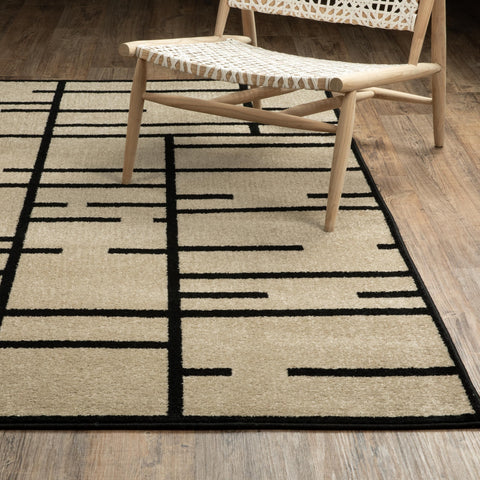 Oriental Weavers Quinn QUI03 - Machine Woven Area Rug - 2' x 7' - in Beige/Black - Modern Style Hallway, Entryway, Kitchen, Bathroom Rug