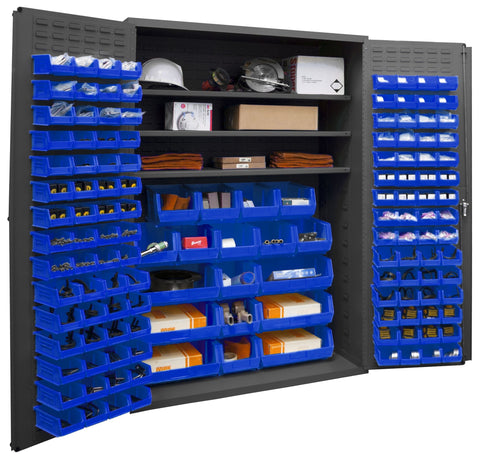 Durham 2502-138-3S-5295 Lockable Cabinet with 138 Blue Hook-On Bins, 3 Adjustable Shelves, Flush Door Style, 48" Wide, 16 Gauge, Gray