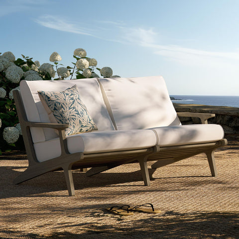 Modway Saratoga Teak Outdoor Patio Loveseat in Weathered Gray White – 2 Seater Outdoor Couch with Weather-Resistant Cushions – Wooden Porch Loveseat