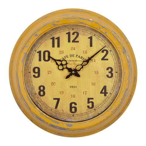 Yosemite Home Decor Circular Iron Wall Clock, Distressed Yellow Iron Frame with Glass, Multicolor
