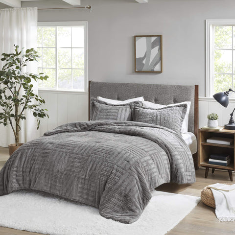 Madison Park Arctic Faux Fur Down Alternative Comforter Bedding Mini Set-Ultra Soft and Cozy Warm, Full/Queen, Grey