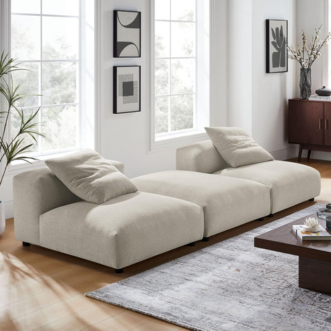 Modway Solace Modular 3-Piece Fabric Sectional Sofa with Ottoman in Linen - Comfy Upholstered 2-Seat Sofa with Ottoman - Modern L-Shaped Armless Sectional Couch Set for Living Room