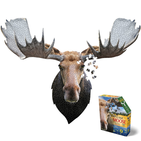 Madd Capp MOOSE 700 Piece Jigsaw Puzzle For Ages 10 and up - 3006 - Unique Animal-Shaped Border, Poster Size, Challenging Random Cut, Five-Sided Box Fits on Bookshelf, Includes Educational Fun Facts