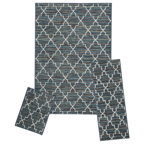 ACHIM 3-Piece Indoor Area Rug Set - Non-Slip Rug Set Includes Large Area Rug with Hallway Runner & Door Mat - Living Room, Bedroom, Kitchen & Entryway Rugs - Crosshatch Blue/Grey Home Decor