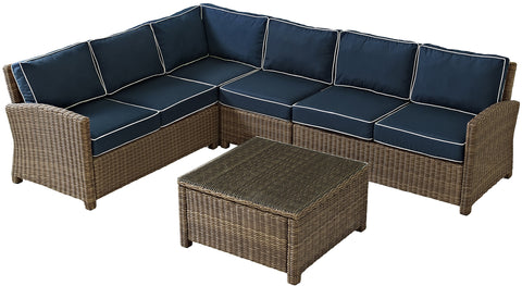 Bradenton 5Pc Wicker Outdoor Sectional Patio Furniture Set Navy/Weathered Brown - Right Side Loveseat, Left Side Loveseat, Corner Chair, Center Chair, & Sectional Glass Top Coffee Table