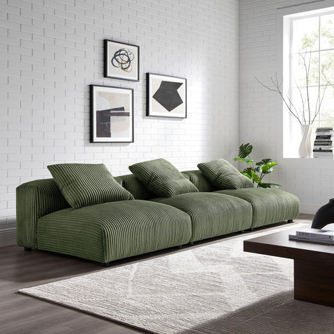 Modway Solace Corduroy 3-Piece Modular Sofa in Fern - Comfy Corduroy Upholstered Deep Seat Couch - Modern 3-Seat Armless Sectional Chairs - Oversized Couches for Living Room
