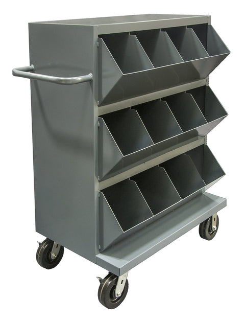 36 Wide 14 Gauge Mobile Storage Bins With 12 Open Bins 1 Top Shelf Tubular Push Handled Gray