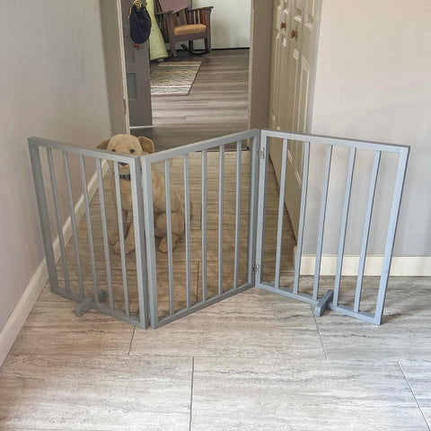 Modern 54 inch Freestanding 3-Panel Folding Wood Pet Gate - Grey