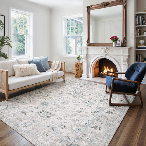 Oriental Weavers Windham Hand-Made Wool Blend Area Rug - WIN04-8' x 10' - in Ivory/Teal Blue - Vintage Inspired, Hand-Made Wool Blend Rugs, Dining, Living Room Rug