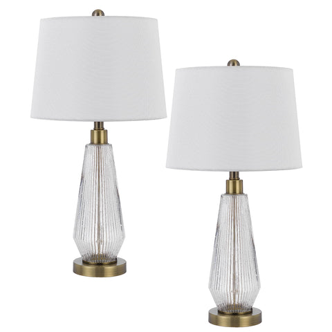 Cal Belville 100W Glass Table lamp with Taper Drum hardback Fabric Shade. Priced and Sold as Pairs