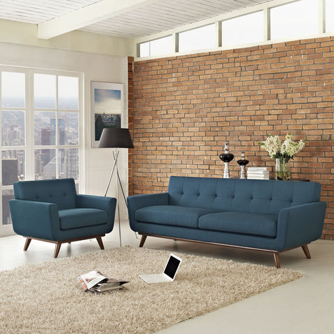 Modway Engage Mid-Century Modern Upholstered Sofa and Armchair Set in Azure
