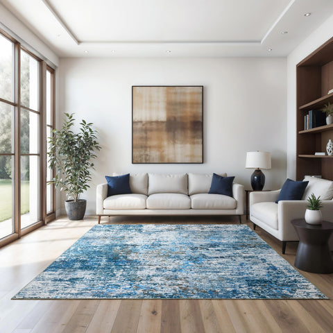 Oriental Weavers Sumter Washable Area Rug - SUM14-7'6" x 10' - in Blue/Ivory - Modern Style, Non-Slip, Stain Resitant, Ultra Low Pile, Dining, Living Room Rug