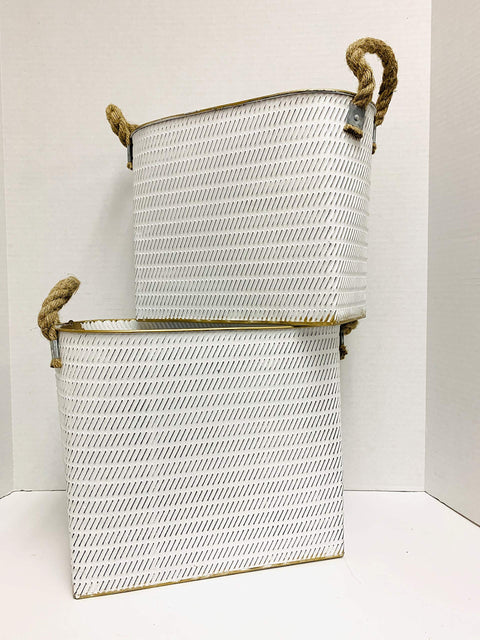 TX USA Corporation Painted White Embossed Metal Bins with Decorative Jute Handles - Set of 2