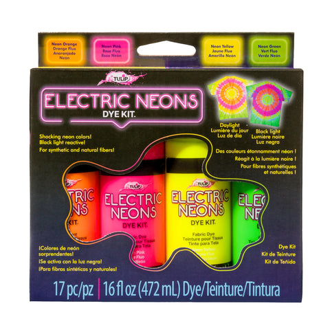 Tulip Electric Neons Tie-Dye Kit, Party Activity, Black Light Reactive Fabric Dye, Pre-mixed Green, Yellow, Orange, Pink, Easy Application & Clean-up, Precision Tips, Fun Techniques, Ultra-Bold Colors