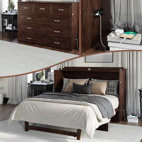 AFI, Northfield Murphy Bed Chest Queen with 6" Mattress, Storage Drawer & Built-in USB Charger, Burnt Amber