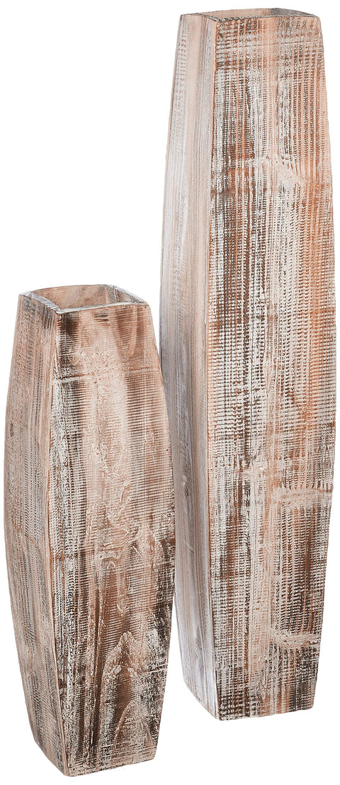 KALALOU Set of White Washed Tall Oblong Wooden Vases, Large & Small, Brown (CPP2022)