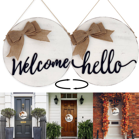 Welcome Hello Reversible Wood Wall Dcor with Burlap Bow (White)
