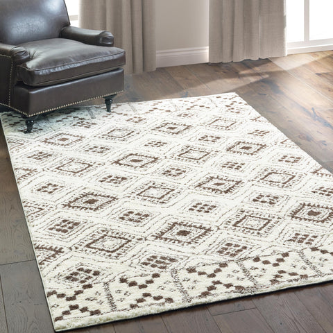 Oriental Weavers Verona Area Rug - 1330W - 6'7" x 9'6" - in Ivory/Brown - Plush Soft Shag, Tribal Influnced Style, Stain Resistant, Cushion Feel, Dining, Living Room Rug