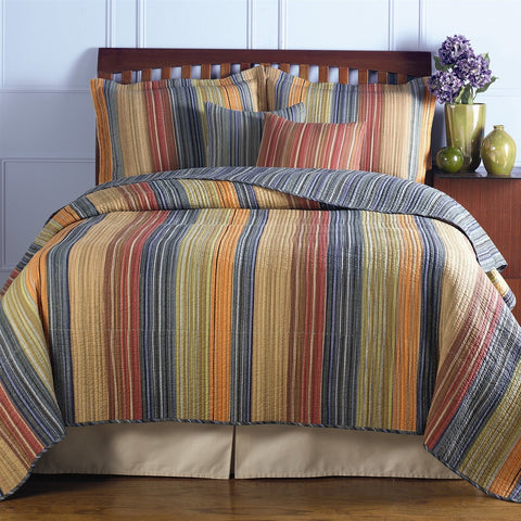 Fast Furnishings Full / Queen 100% Cotton Quilt Set with Red Orange Blue Brown Stripes