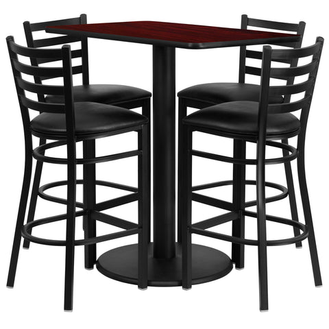 Flash Furniture Jamie 24'' x 42'' Rectangular Mahogany Laminate Table Set with 4 Ladder Back Metal Barstools - Black Vinyl Seat