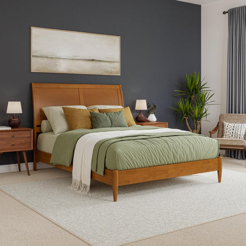 AFI, Valencia Queen Solid Wood Low Profile Sleigh Platform Bed, Light Toffee