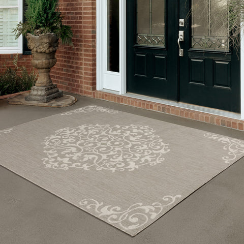 Oriental Weavers Portofino Indoor/Outdoor Rug - 6649W - 5'3" x 7'3" - in Taupe/Ivory - Vintage Inspired, Water, Stain and Fade Resistant, Hose Clean, Patio, Outdoor Living Area Rug