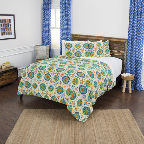 Rizzy Home | BQ4619 | Polyester Quilt | 106"x92" Yellow/Green/Orange Geometric