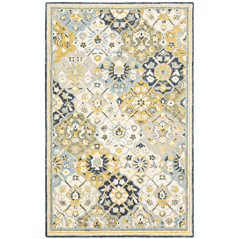 Oriental Weavers Alfresco Hand-Made Wool Area Rug - 28406-5' x 8' - in Blue/Gold - Vintage Inspired, Hand-Made Wool Rugs, Bedroom, Office Rug