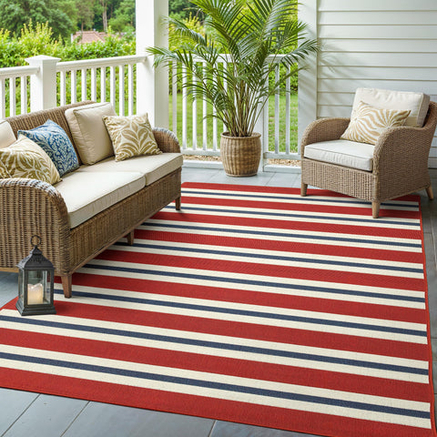 Oriental Weavers Meridian Indoor/Outdoor Rug - 5701R - 7'10" x 10'10" - in Red/Blue - Nautical & Coastal, Water, Stain and Fade Resistant, Hose Clean, Patio, Outdoor Living Area Rug