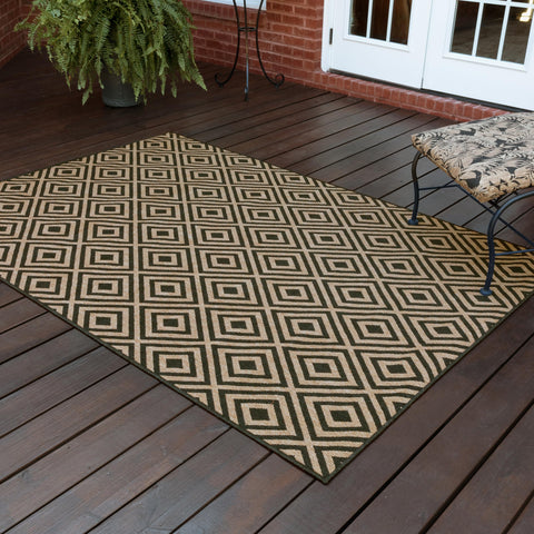 Oriental Weavers Marina Indoor/Outdoor Rug - 2335K - 1'9" x 3'9" - in Black/Tan - Classic Casual Style, Water, Stain and Fade Resistant, Hose Clean, Patio, Outdoor Living Area Rug