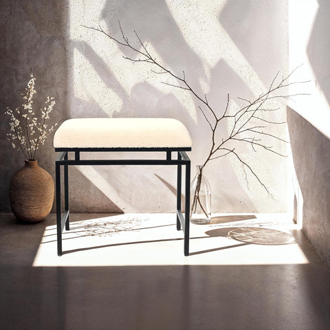 Cheung's Trion Linear Cream Boucle Upholstered Bench – 19.5-Inch Rectangle Black Metal Bench, Modern Minimalist Design, Perfect for Living Room or Entryway