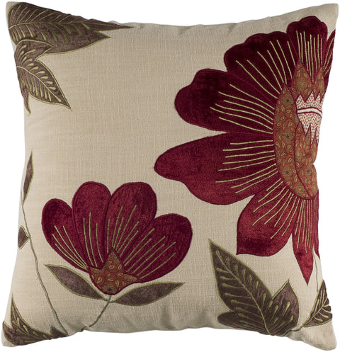 Rizzy Home Floral 18" x 18" Cotton Velvet Pillow Cover in Beige/Red