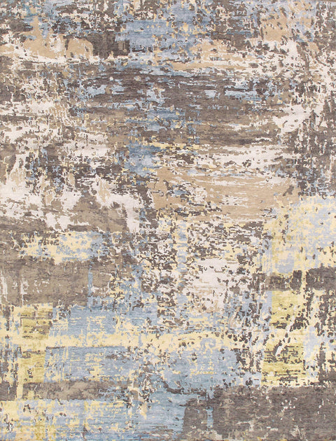 Pasargad Home Modern Collection Hand-Loomed Silver/Blue Bsilk & Wool Area Rug with Cotton Backing- 9' 0'' X 11'10''