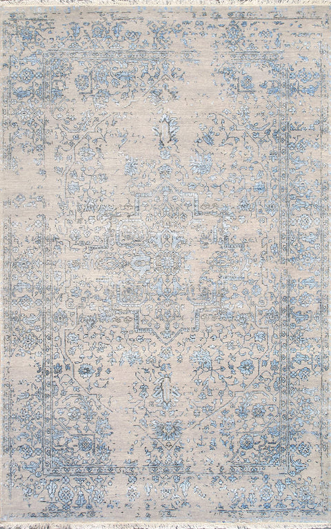 Pasargad Home Transitional Hand Knotted Area Rug, Premium Art Silk & Wool Oriental Rugs for Living Room, Bedroom, Dining Home - 5' 9" X 9' 0", Silver/L. Blue