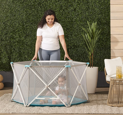 Regalo Safety My Play Portable Baby Playpen & Play Yard, Foldable 6-Panel Indoor Outdoor Playpen for Babies & Toddlers, Mesh Sides, Washable Fabric, 48”, Aqua/White