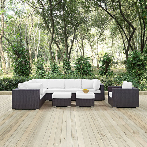 Modway Convene Wicker Rattan 9-Piece Outdoor Patio Sectional Sofa Furniture Set in Espresso White