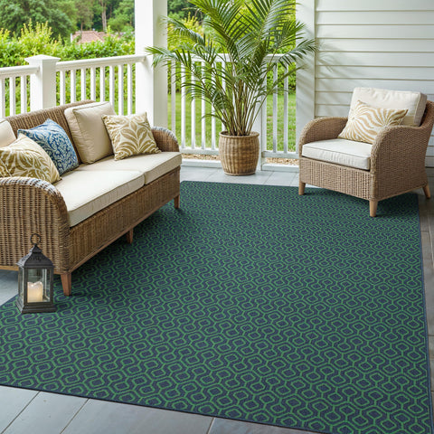 Oriental Weavers Meridian Indoor/Outdoor Rug - 1634Q - 1'10" x 2'10" - in Navy/Green - Casual Geometric, Water, Stain and Fade Resistant, Hose Clean, Patio, Outdoor Living Area Rug