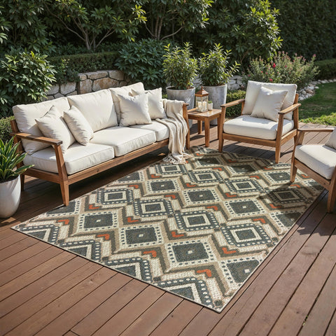 Oriental Weavers Latitude Indoor/Outdoor Rug - 002X3-3'3" x 5' - in Grey/Orange - Tribal Influnced Style, Water, Stain and Fade Resistant, Hose Clean, Patio, Outdoor Living Area Rug