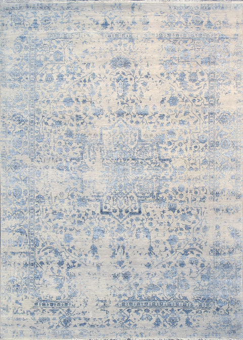 Pasargad Home Transitional Collection Hand-Knotted Silver/Blue Bsilk & Wool Floral Transitional Area Rug- 8' 5'' X 11' 8''